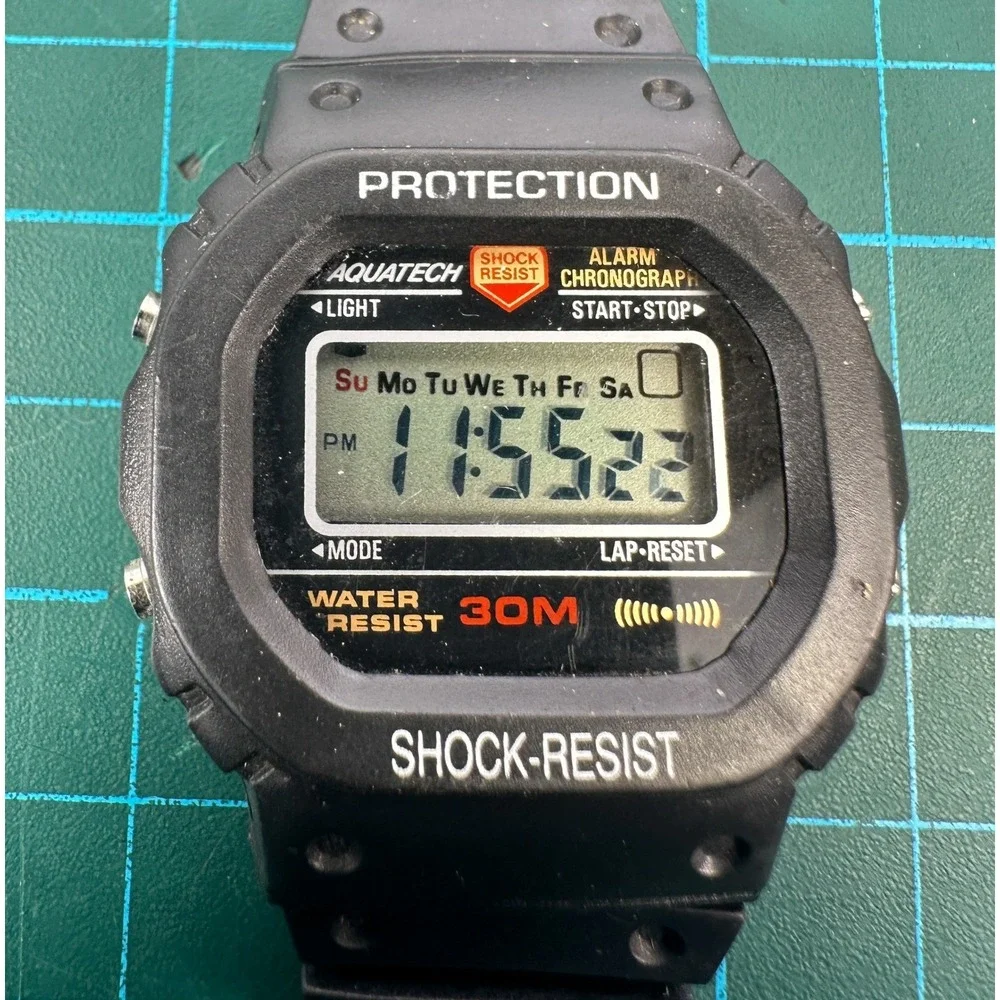 VTG Aquatech Shock Resist Digital Watch Square Black Alarm Chrono NEW BATTERY